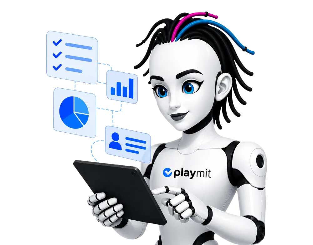 Roboter-Avatar sieht sich die Auswertung der Stärkenanalyse auf einem Tablet an